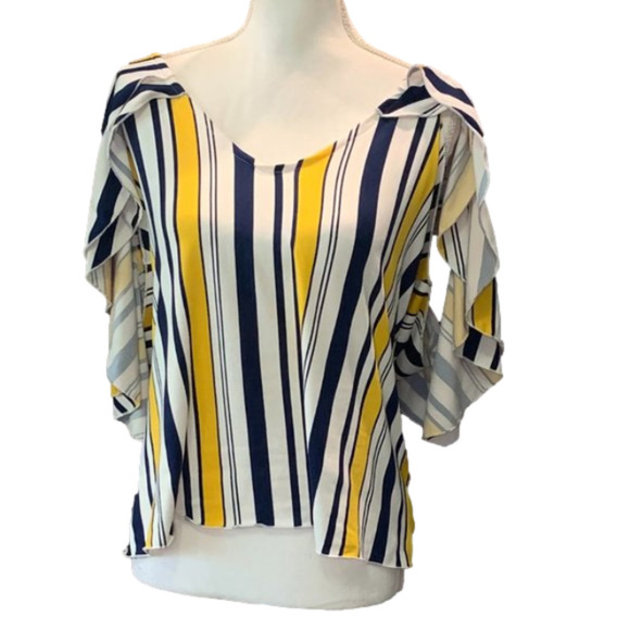 🔥🔥SALE🔥🔥OMEGA  COLLECTION Yellow Striped Ruffled Cold Shoulder Top - Picture 1 of 6